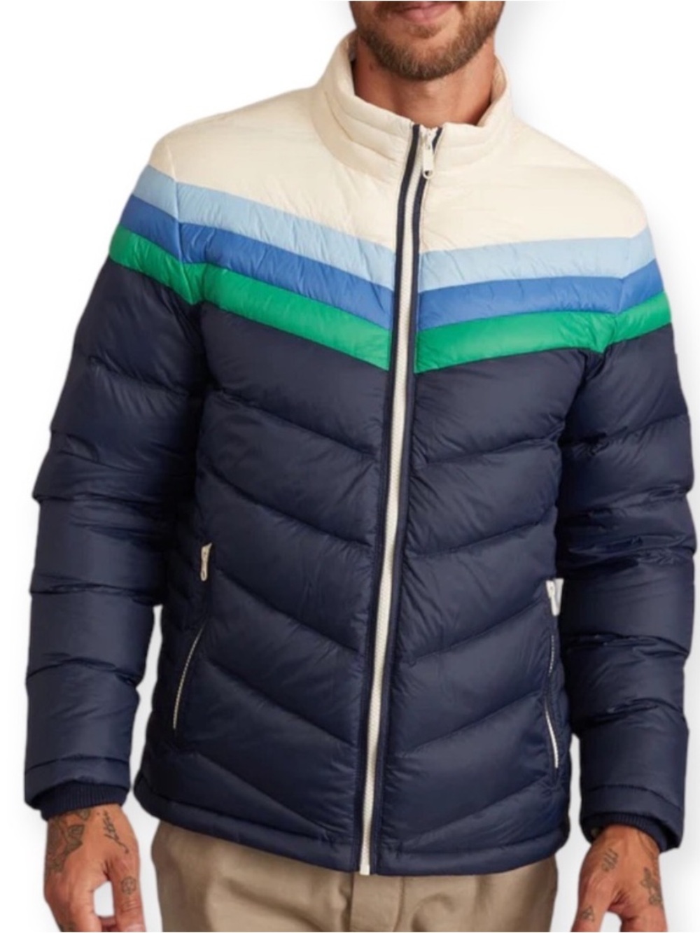 Marine Layer x Lost & Found Zurich Puffer Coat Blue Green Colorblock Medium